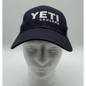 Yeti Coolers Navy White Mesh Strap Back Truckers Cap Hat Embroidered Logo Read